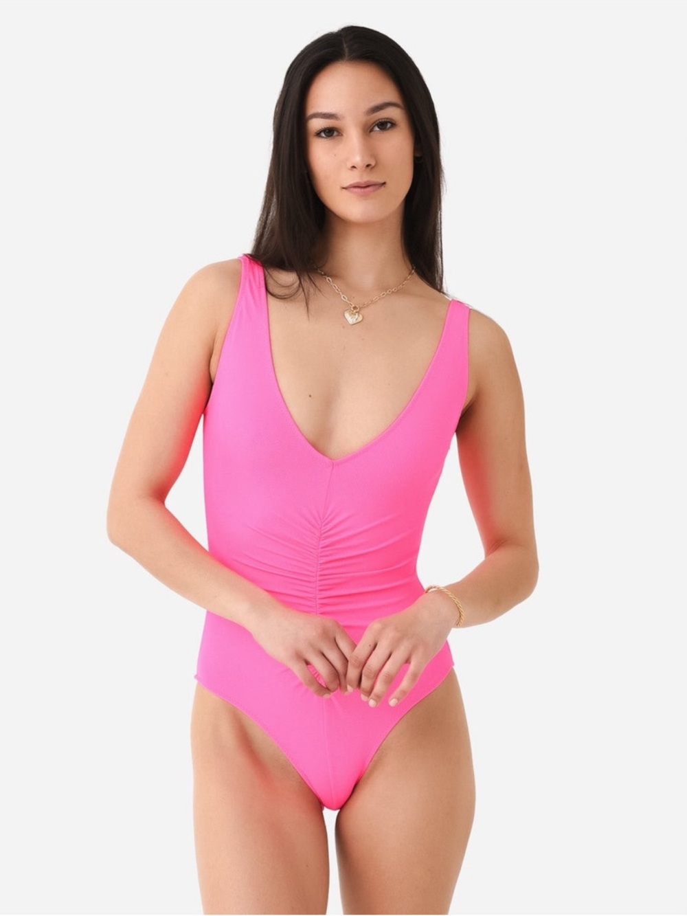 SOLID & STRIPED The Lucia Shocking Pink V-Neck One-Piece Swimsuit NWT